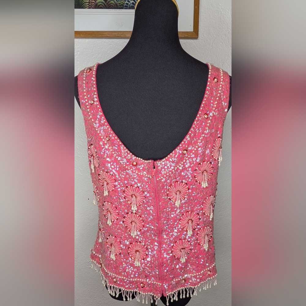 Women's Vtg Pink Lined 100% Lambswool Beaded Sequin Formal Sleeveless Tank Sz L - Picture 3 of 5